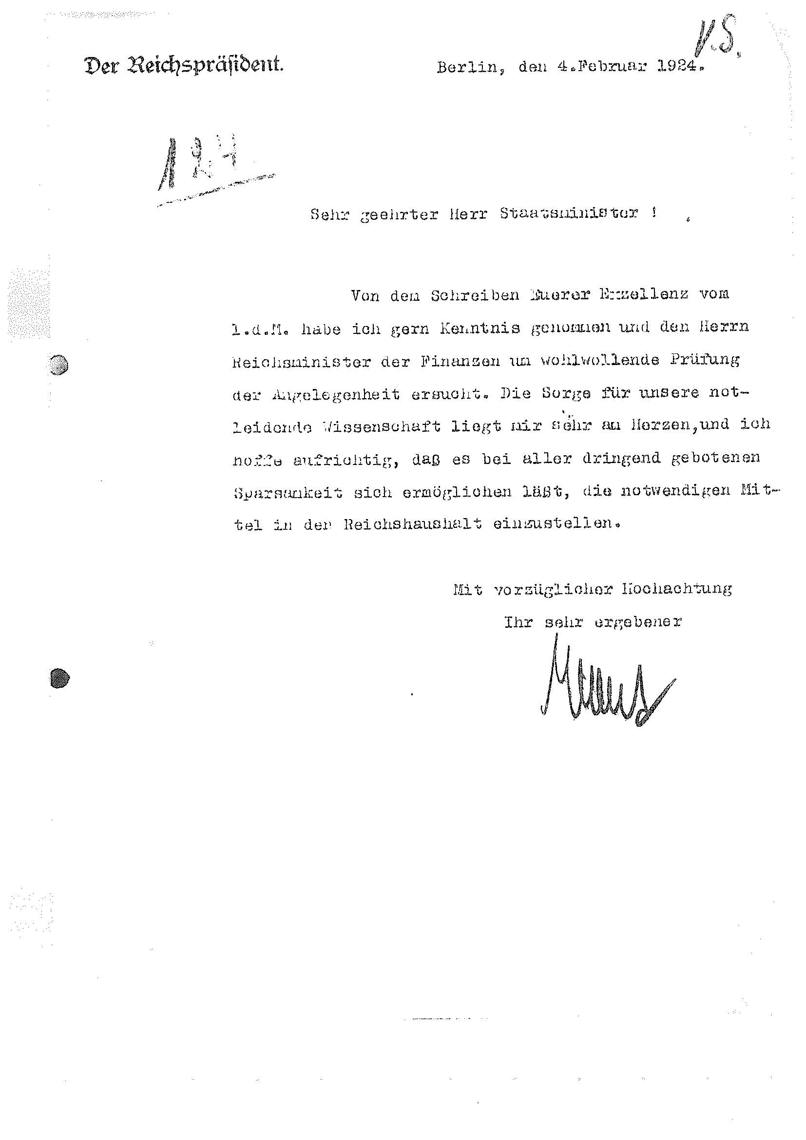 Schreiben des Reichpräsidenten Friedrich Ebert an Friedrich Schmidt-Ott, 1924