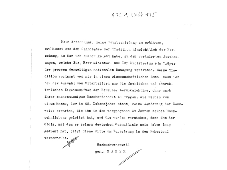 Begründung Fritz Habers für seinen Rücktritt : Die Unvereinbarkeit seiner Tätigkeit als Wissenschaftler mit den Rahmenbedingungen des Nationalsozialismus