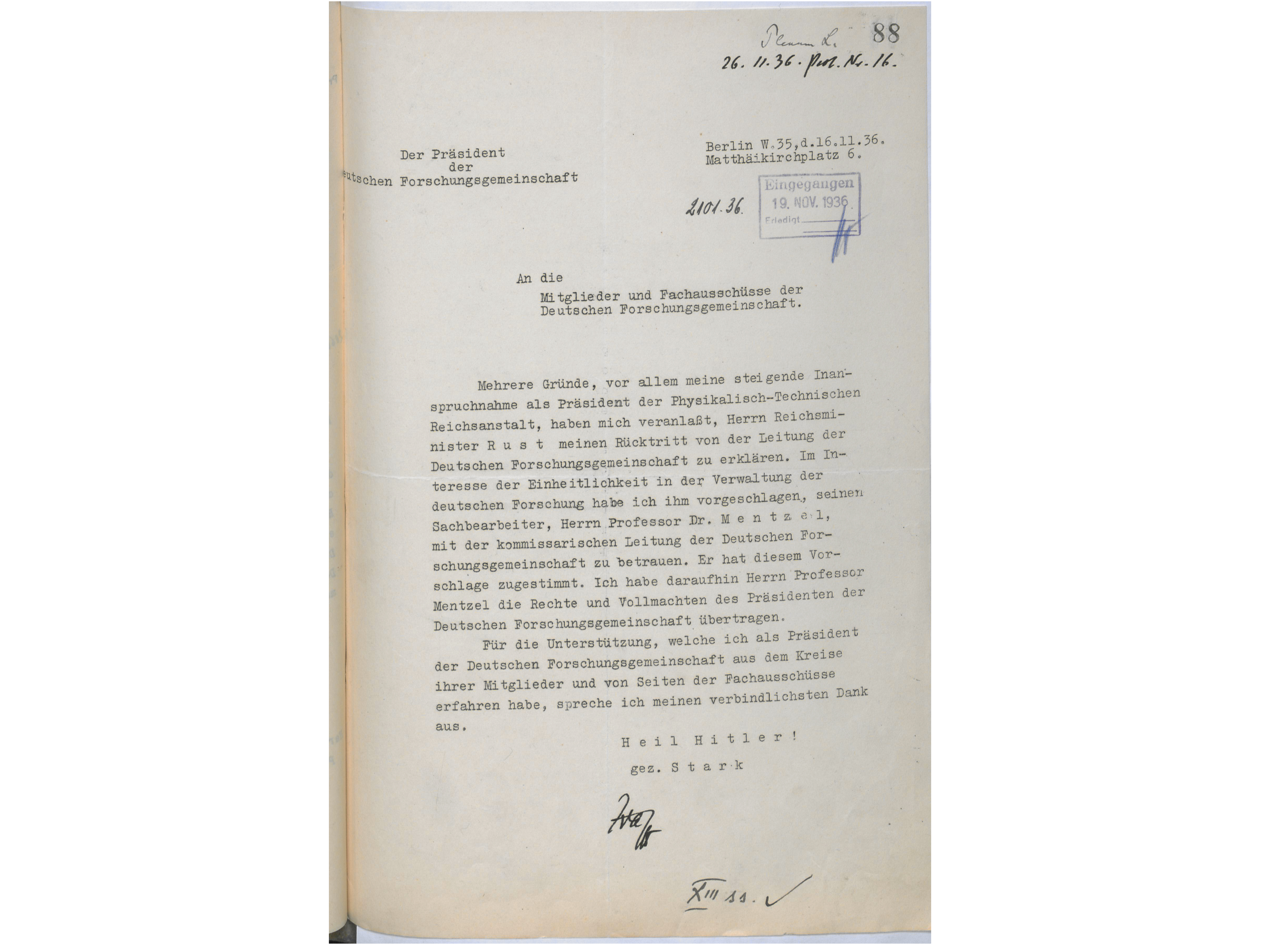Das Rücktrittsschreiben Starks vom 26. November 1936
