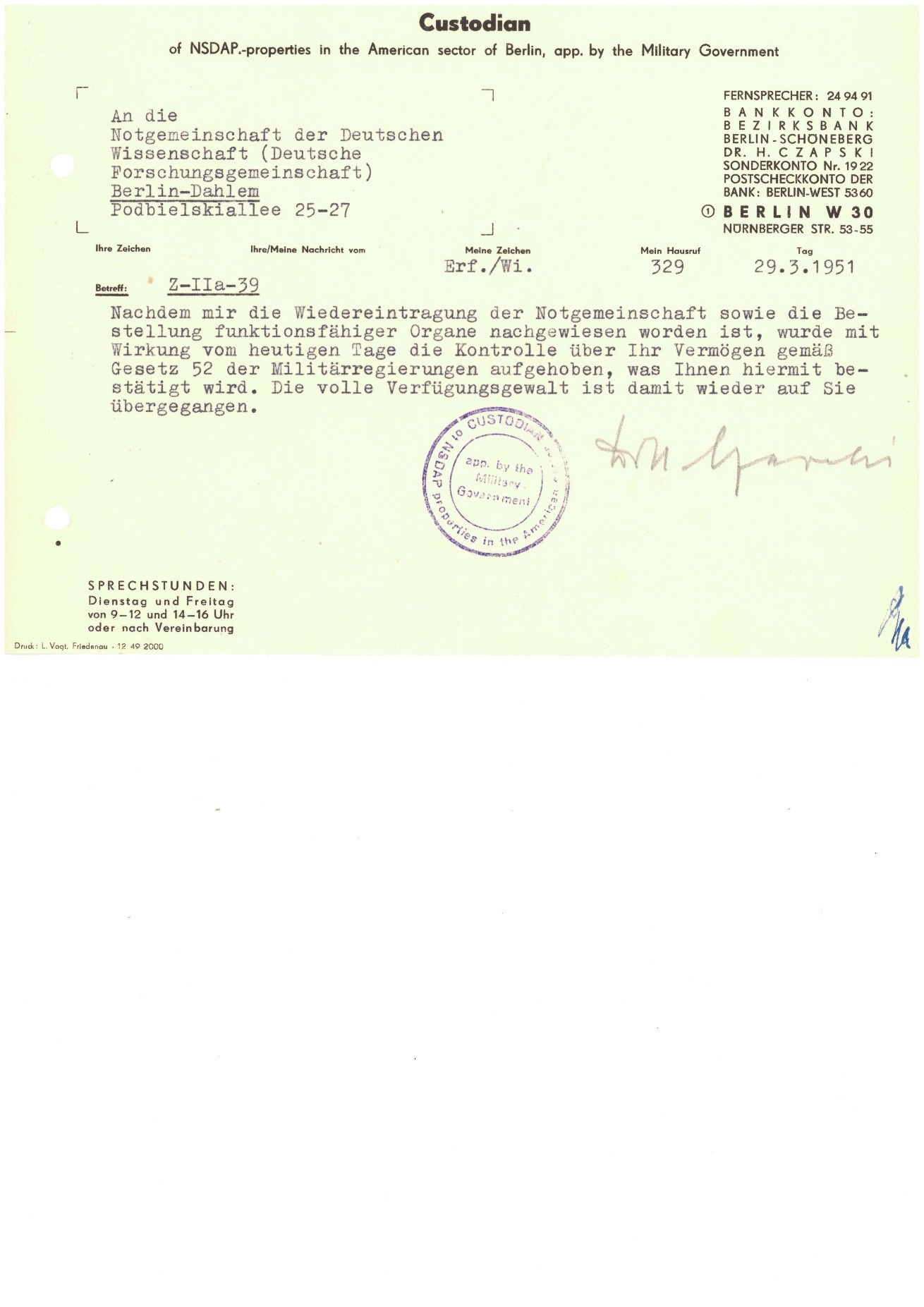 Aufhebung der Vermögenskontrolle durch die Treuhänderschaft am 29.3.1951