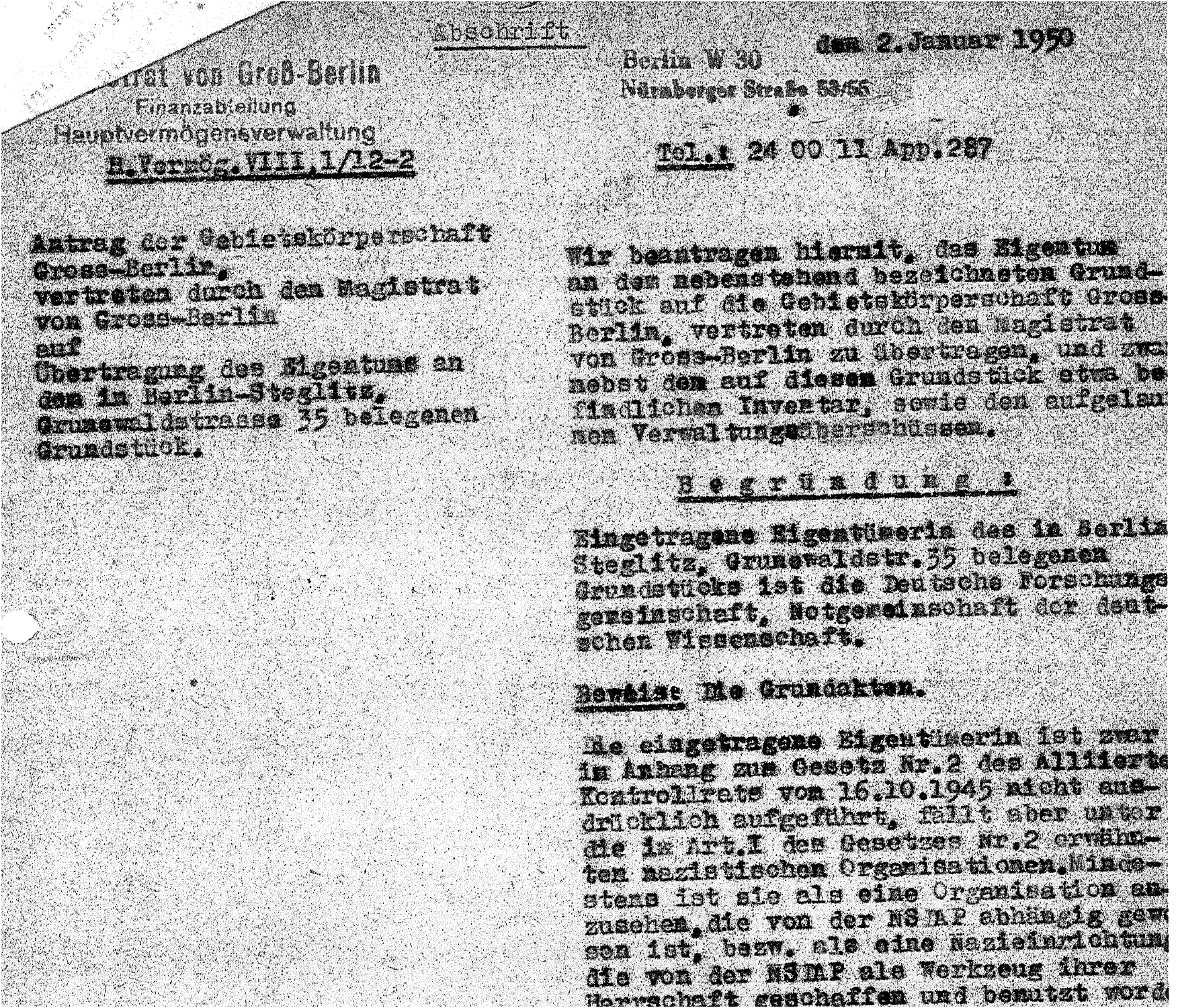 Ausschnitt aus dem Antrag des Magistrats Berlin zur Vermögensübertragung Grunewaldstraße 35 an die Berliner Kommission für Ansprüche auf Vermögenswerte vom 2.1.1950