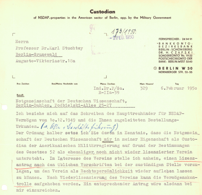 Ausschnitt aus Schreiben des Haupttreuhänders an die Notgemeinschaft, 6.2.1950