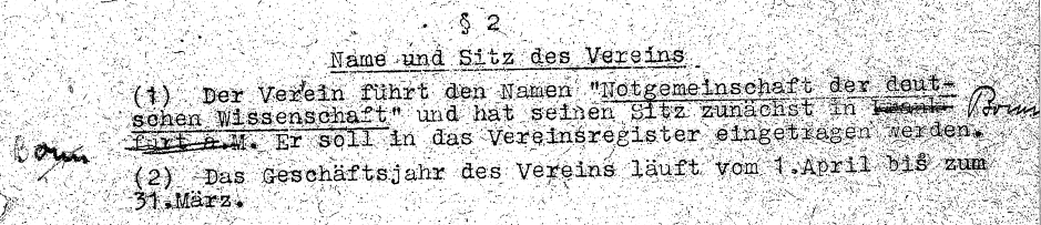 Auszug aus dem Satzungsentwurf „Satzung der Notgemeinschaft der deutschen Wissenschaft e.V. (Auf der Tagung der Hochschulreferenten der drei Westzonen in Hamburg vom 5.-7. Oktober 1948 angenommener Entwurf)“ mit (nachträglichem) handschriftlichen Zus