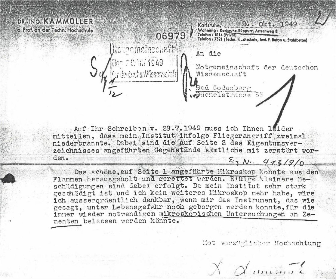 Schreiben Dr. Ing. Kammüller, Prof. an der Techn. Hochschule Karlsruhe an die Notgemeinschaft 31.10.1949
