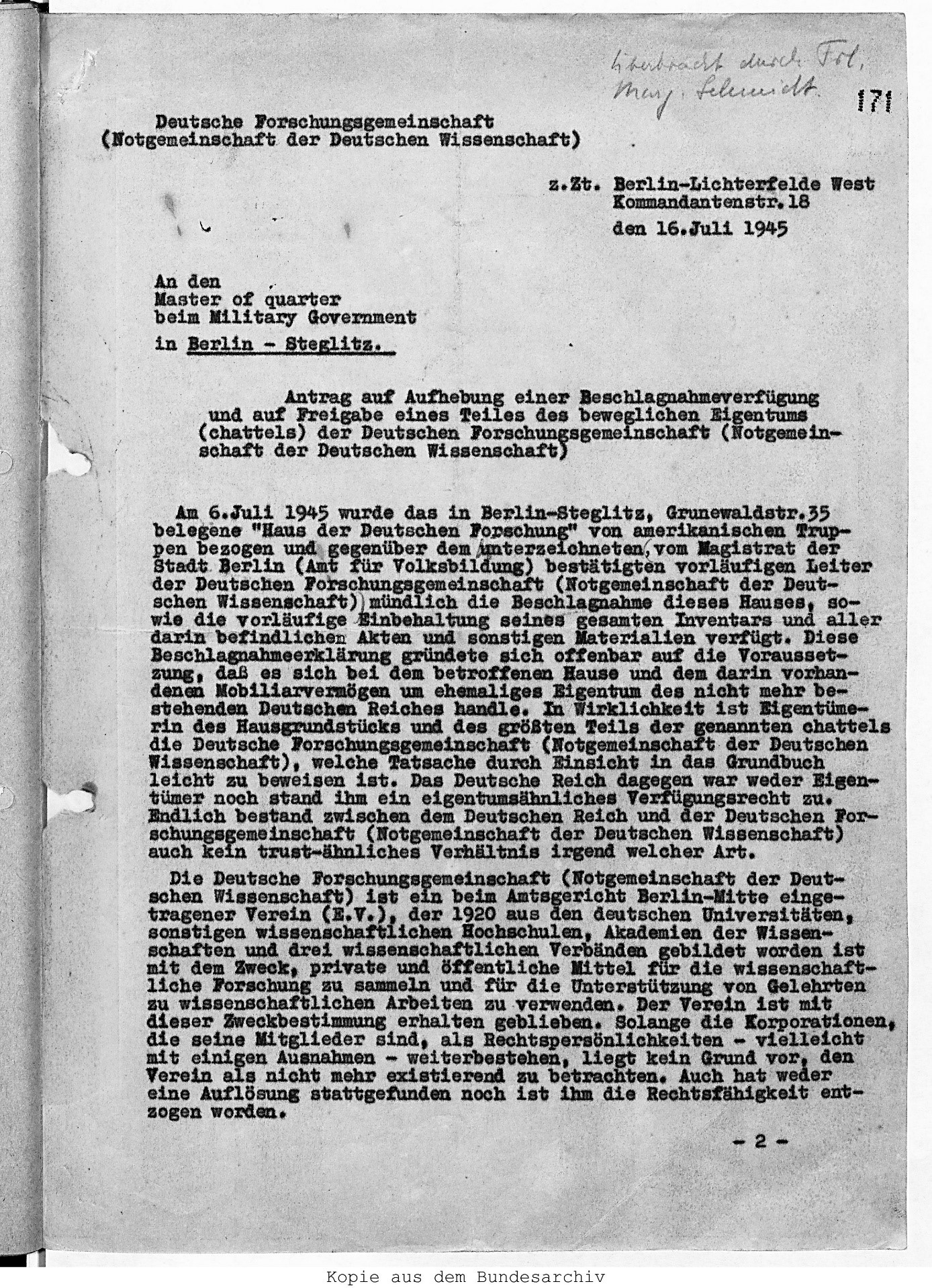 Auszug aus dem Schreiben Dr. Griewanks an den Master of quarter beim Military Government 16.7.1945