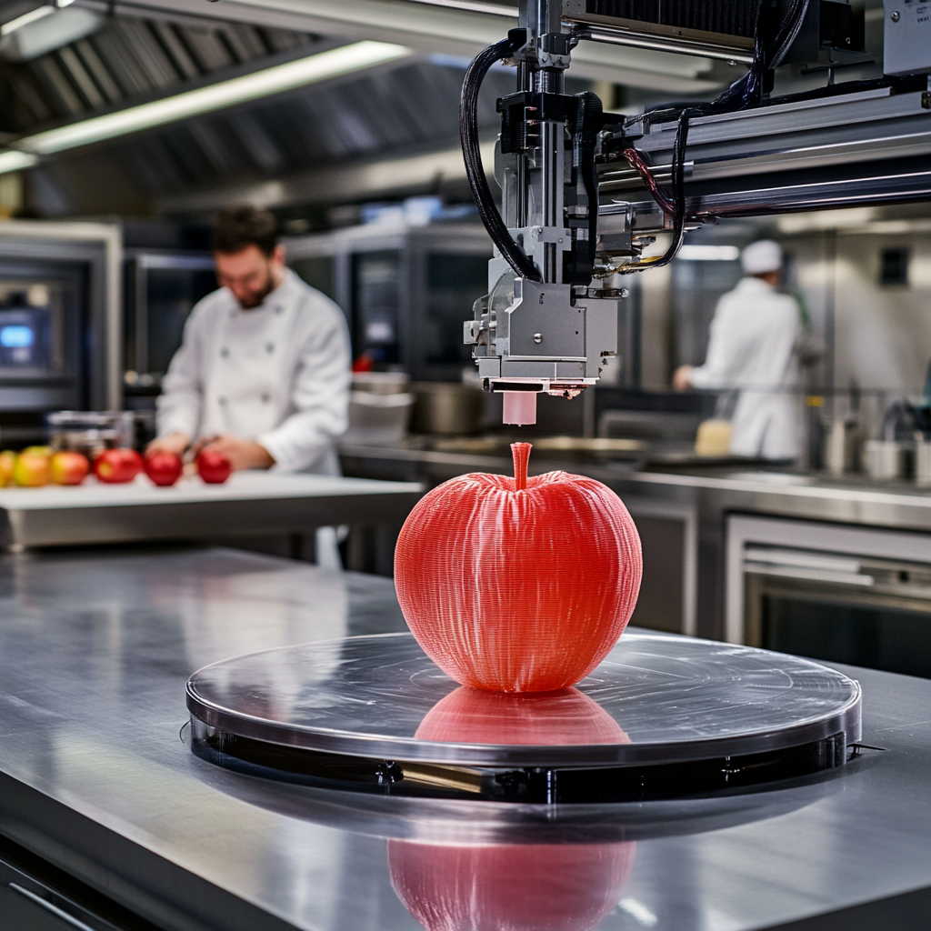 Ein synthetisch hergestellter roter Apfel liegt unter einem 3D-Drucker, während im Hintergrund Menschen in Kochkitteln an weiteren Äpfeln arbeiten.