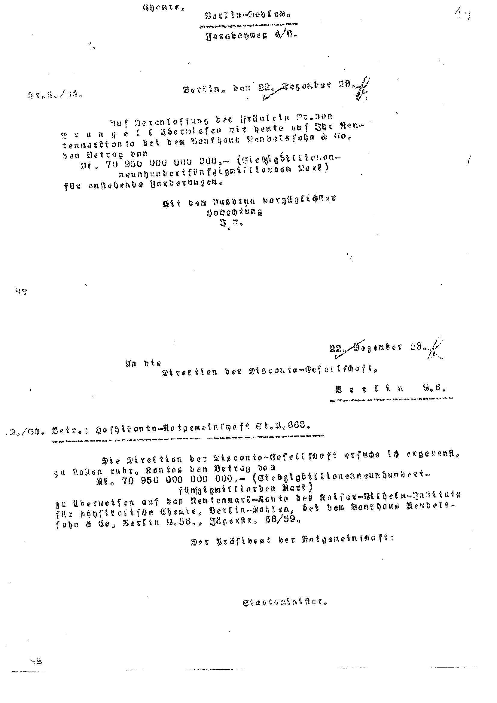 Überweisung von 70 Billionen Mark an Frau von Wrangell, Professorin für Chemie, für Forschungsarbeiten an der Kaiser-Wilhelm-Gesellschaft