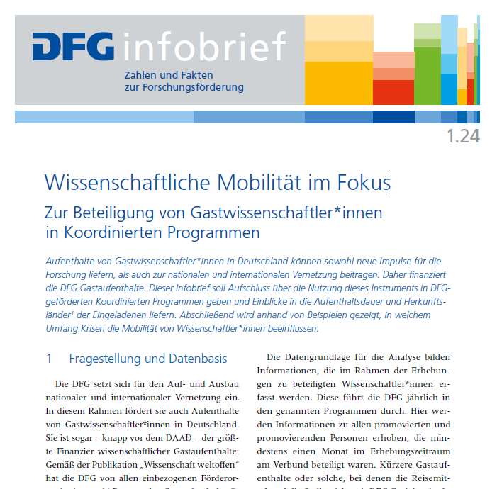 Coverbild: DFG Infobrief 1/2024: Wissenschaftliche Mobilität im Fokus. Zur Beteiligung von Gastwissenschaftler*innen in Koordinierten Programmen