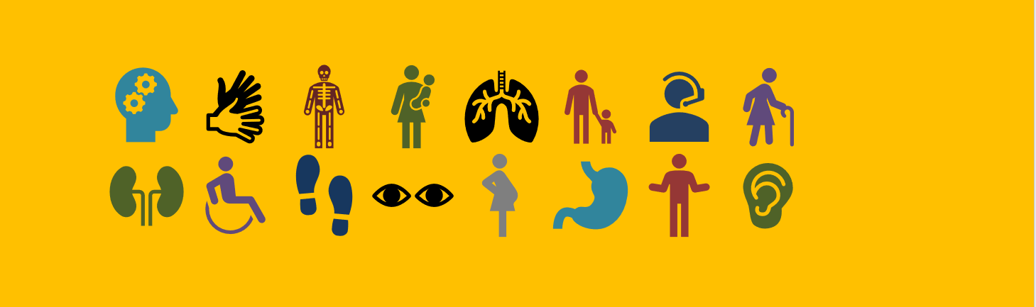 Dunkelgelber Hintergrund mit 16 Symbolen in verschiedenen Farben. Die Symbole zeigen schematisch Körperorgane oder verschiedene Menschen mit oder ohne sichtbare Behinderung. 