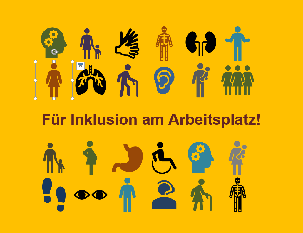 Dunkelgelber Hintergrund mit Symbolen in verschiedenen Farben. Die Symbole zeigen schematisch Körperorgane oder verschiedene Menschen mit oder ohne sichtbare Behinderung. In der Mitte der Grafik steht: "Für Inklusion am Arbeitsplatz!"