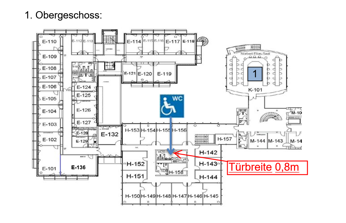 Grundriss, 1. Stock des Gebäudes Kennedyallee 40. Der Norbert-Elias-Saal, Türbreiten und Lage der behindertengerechten WCs sind angegeben