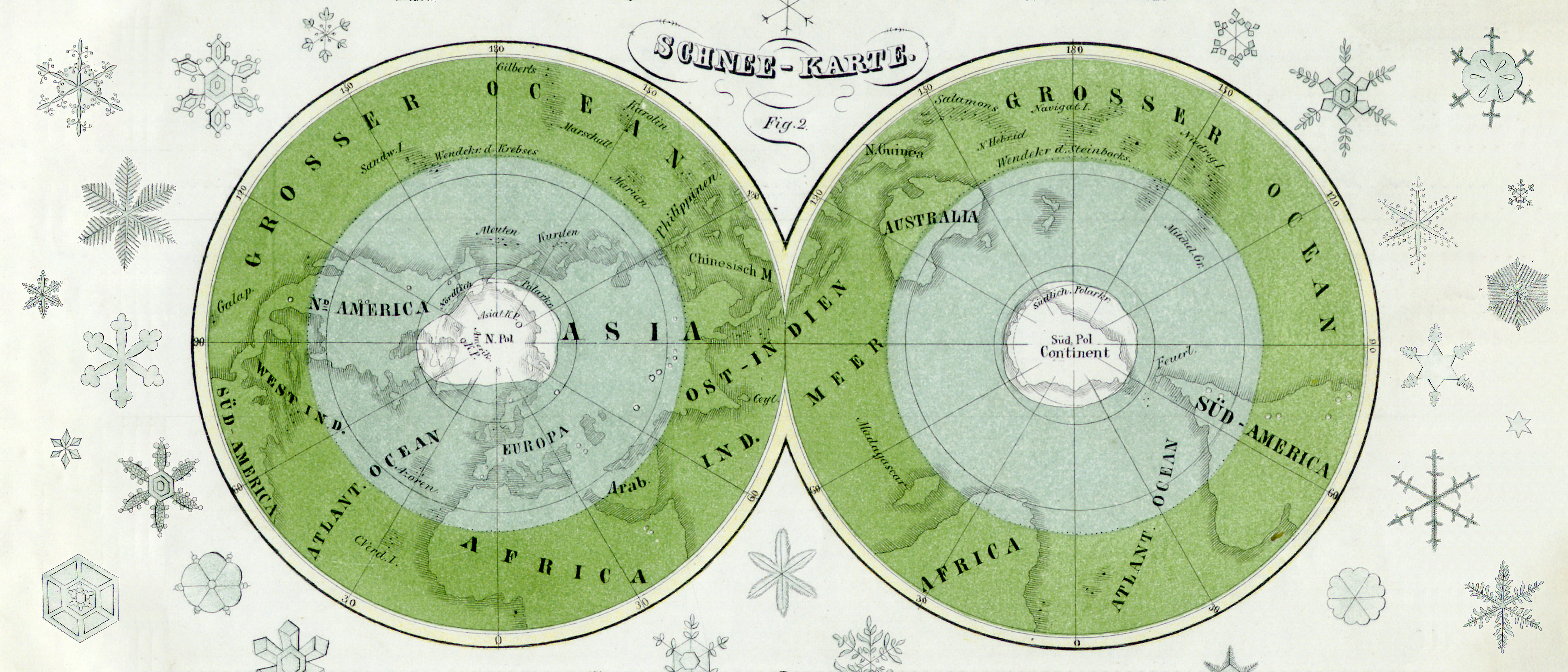 Zwei runde Landkarten der Erde zeigen die Schnee- und Eisverteilung sowie Grünflächen durch hellblaue und hellgrüne Flächen sowie verschiedene Schneeflocken im Hintergrund.