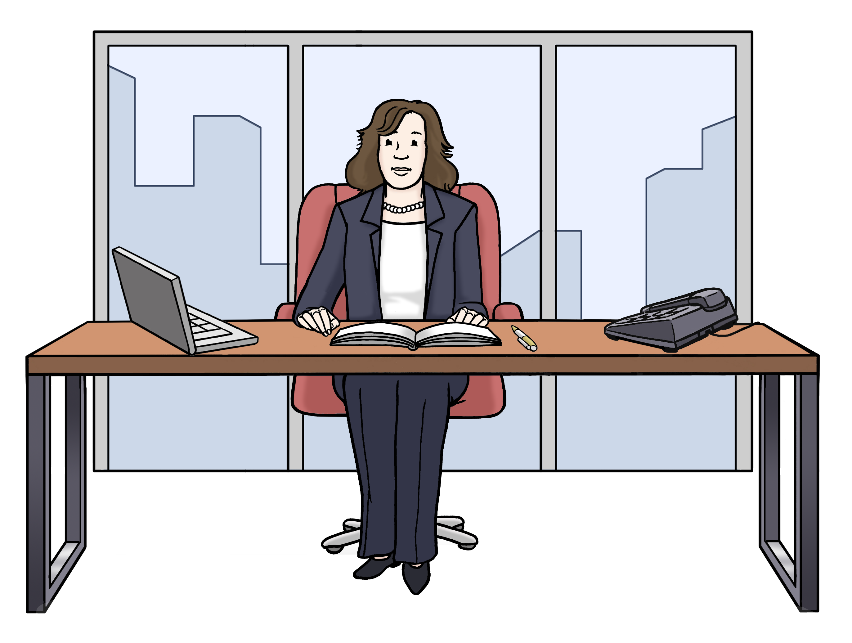 A woman sits at her workplace 