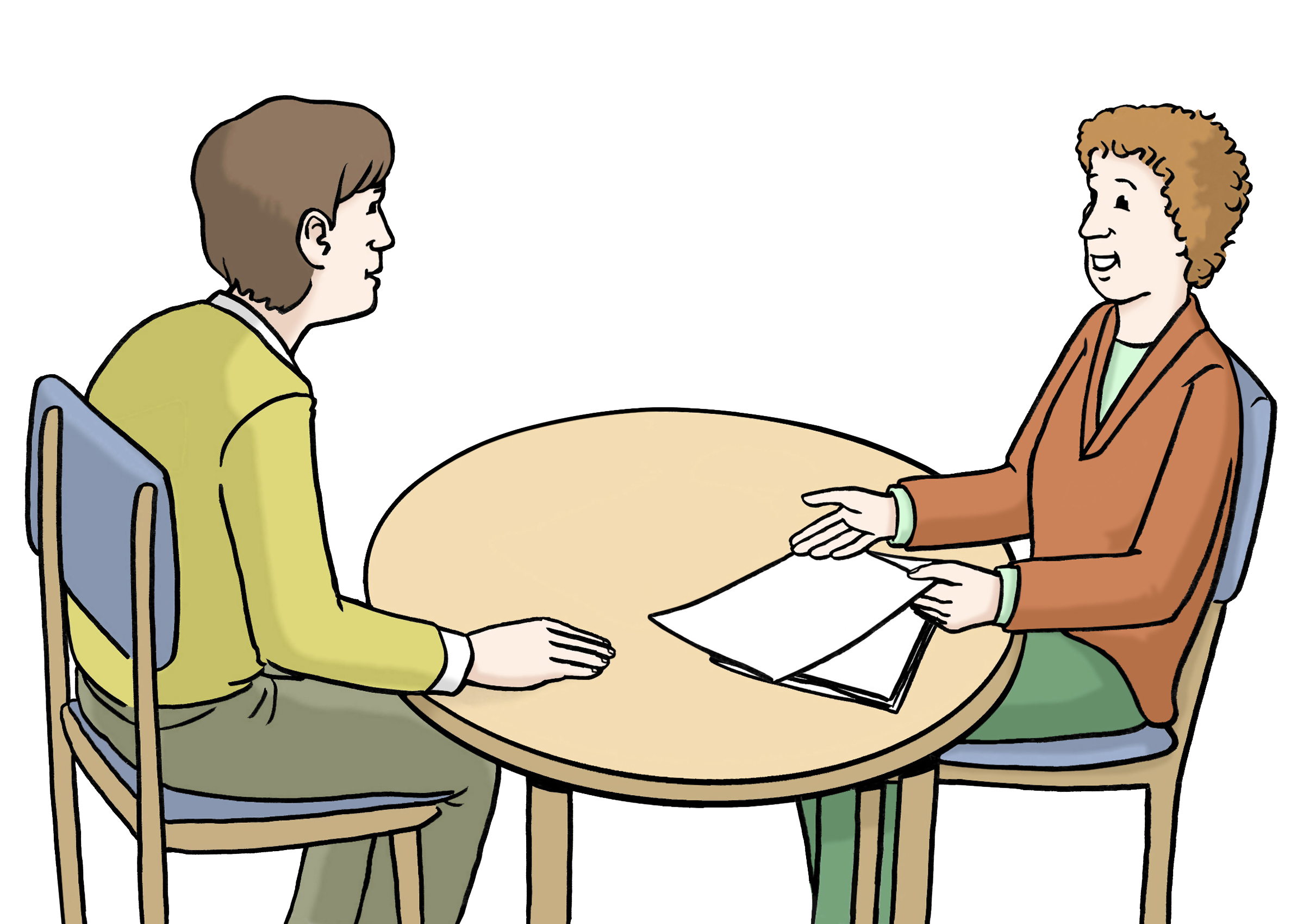 Two persons sit at a table and talk to each other