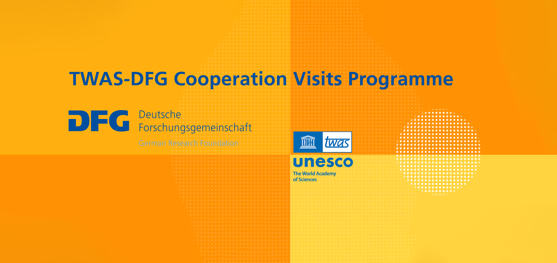 Blaue Schriftzüge des Programmtitels, der DFG und UNESCO-TWAS-Logos auf gelbem und orangenem Hintergrund